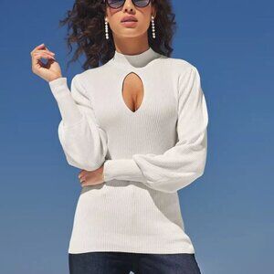 Boston Proper SZL Ivory Viscose Mock Neck Ribbed Sweater Minimalist Classic Chic